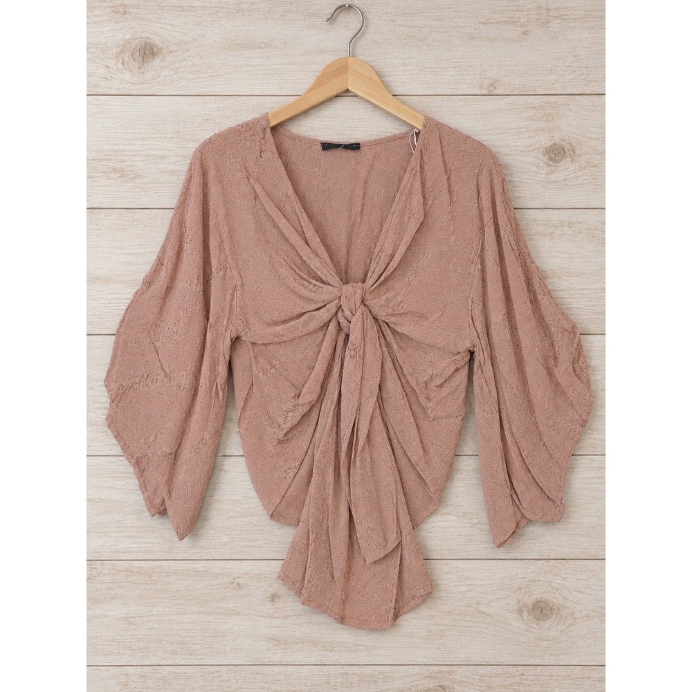 Final Touch Textured Wide Sleeve Tie Up Kimono Top Camel Mauve V-Neck Medium NWT